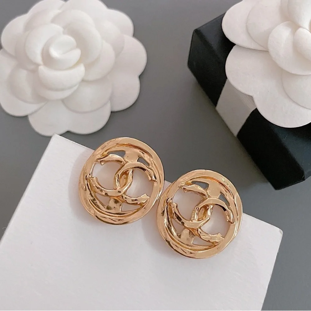 Chanel Gold Tone Hammered CC Logo Round Stud Earrings